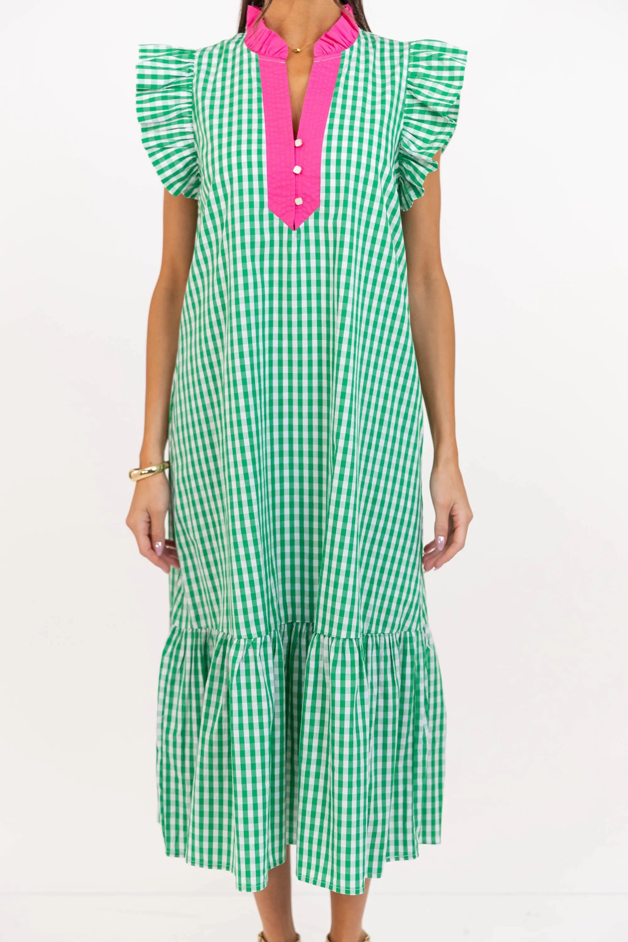 ✨⏰Fresh Chic Gingham Midi Dress with Ruffle Sleeves