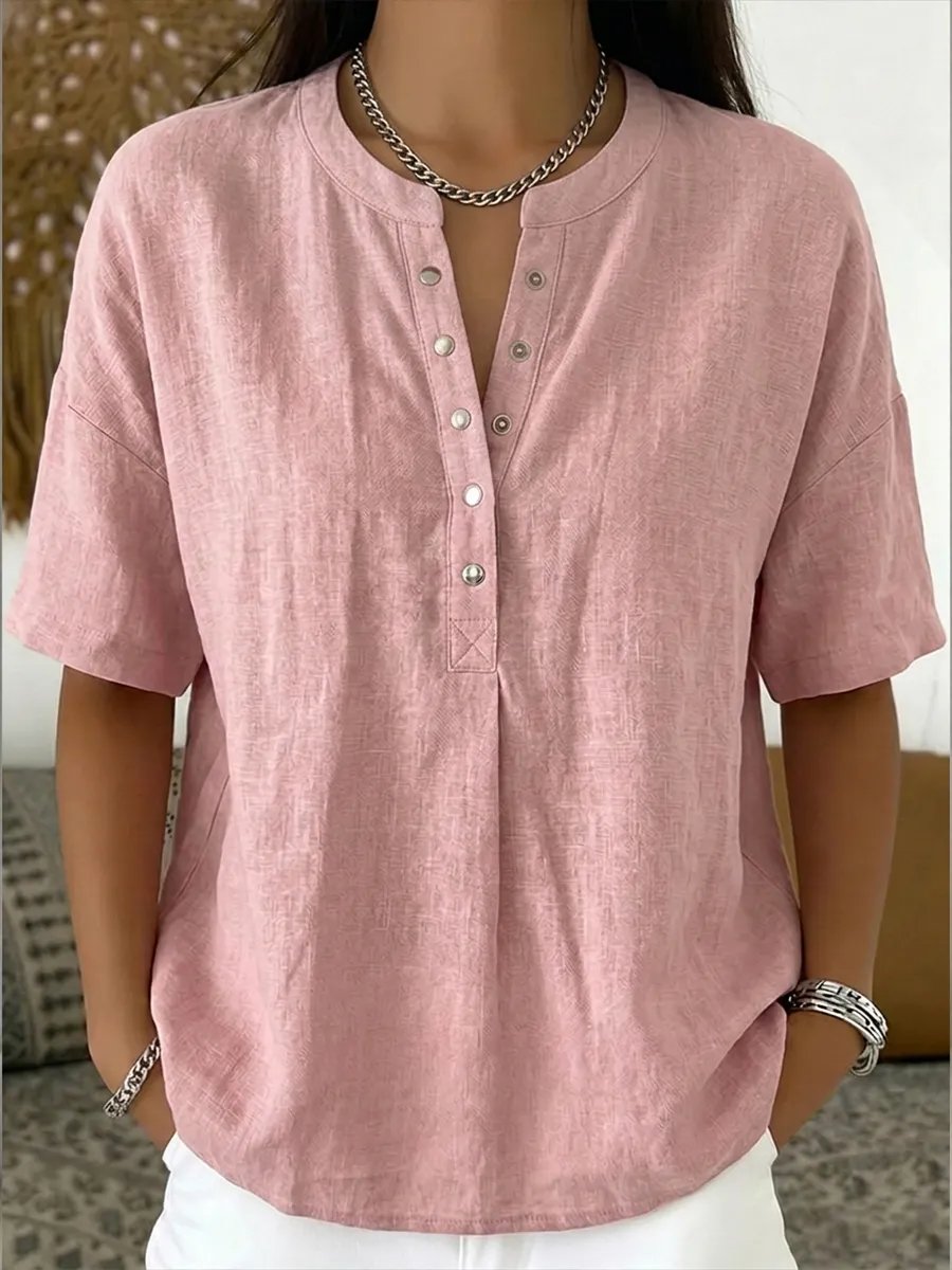 🎁New Arrivals🔥Women's Casual Henley Collar Linen & Cotton Short-Sleeve Shirt