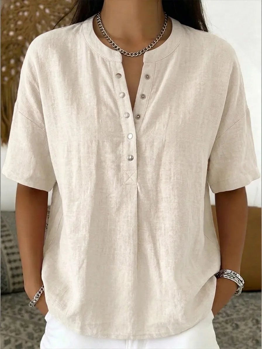 🎁New Arrivals🔥Women's Casual Henley Collar Linen & Cotton Short-Sleeve Shirt