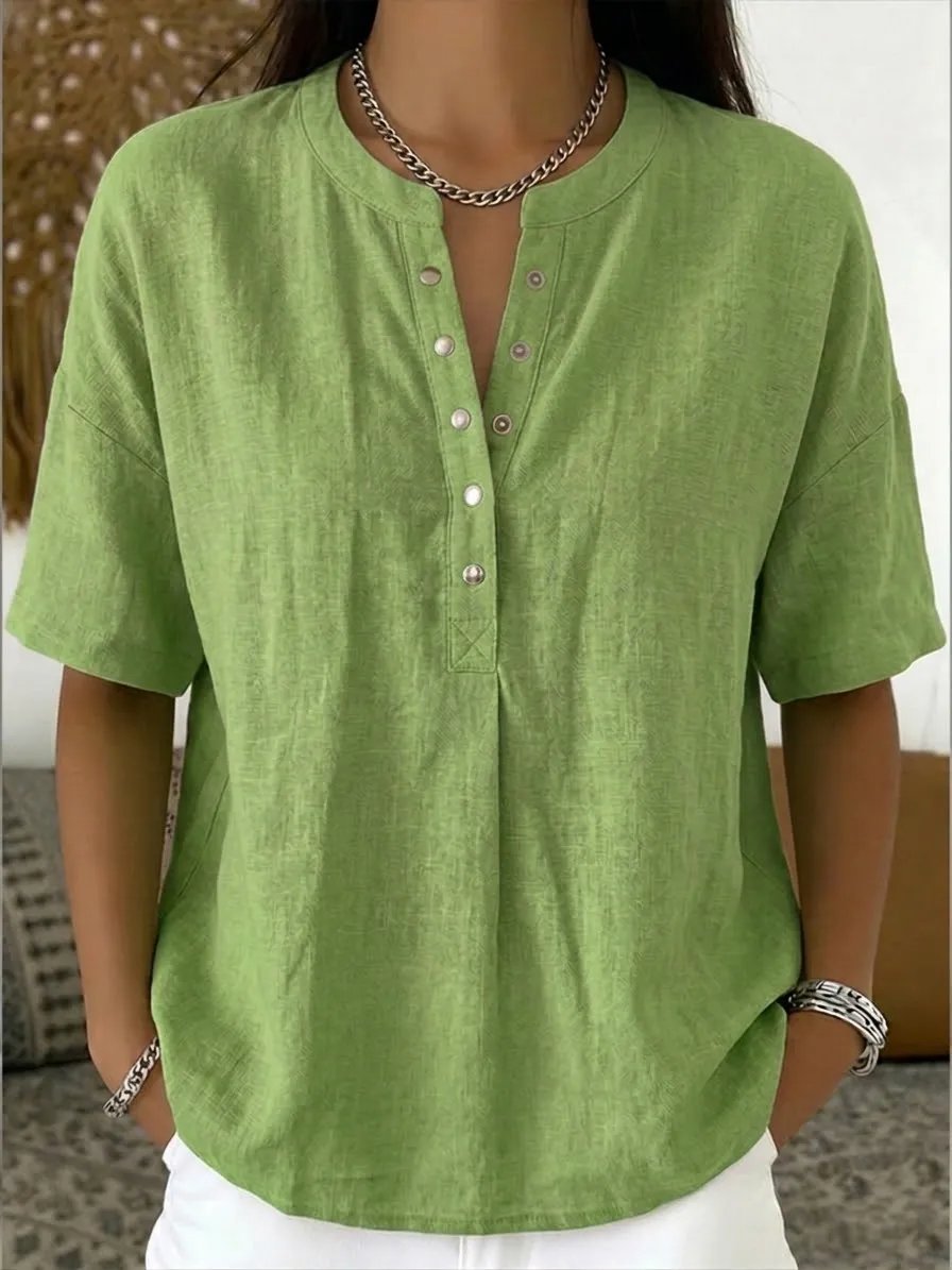 🎁New Arrivals🔥Women's Casual Henley Collar Linen & Cotton Short-Sleeve Shirt