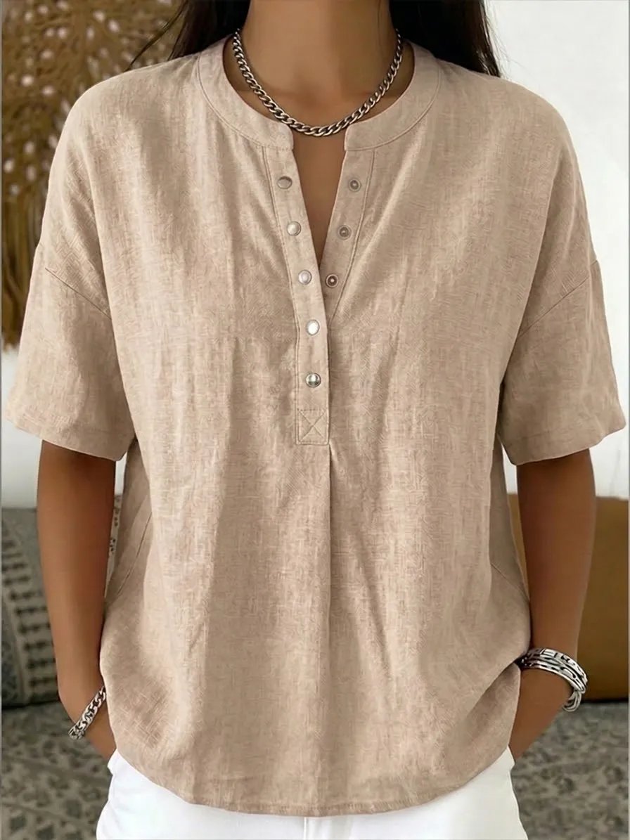 🎁New Arrivals🔥Women's Casual Henley Collar Linen & Cotton Short-Sleeve Shirt