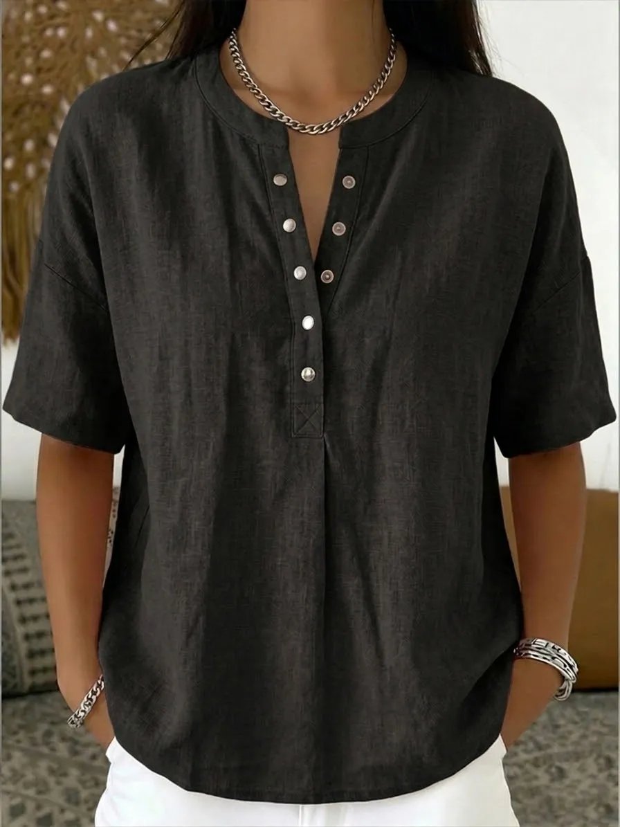 🎁New Arrivals🔥Women's Casual Henley Collar Linen & Cotton Short-Sleeve Shirt