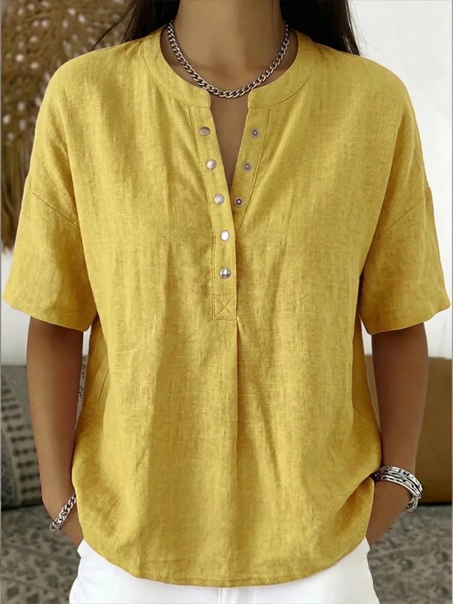 🎁New Arrivals🔥Women's Casual Henley Collar Linen & Cotton Short-Sleeve Shirt