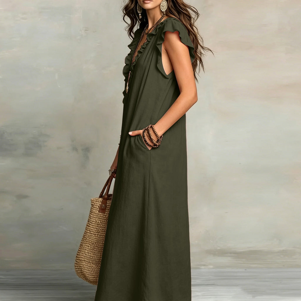 ✨⏰2026 Summer Solid Color Elegant Temperament Flying Sleeve Dress