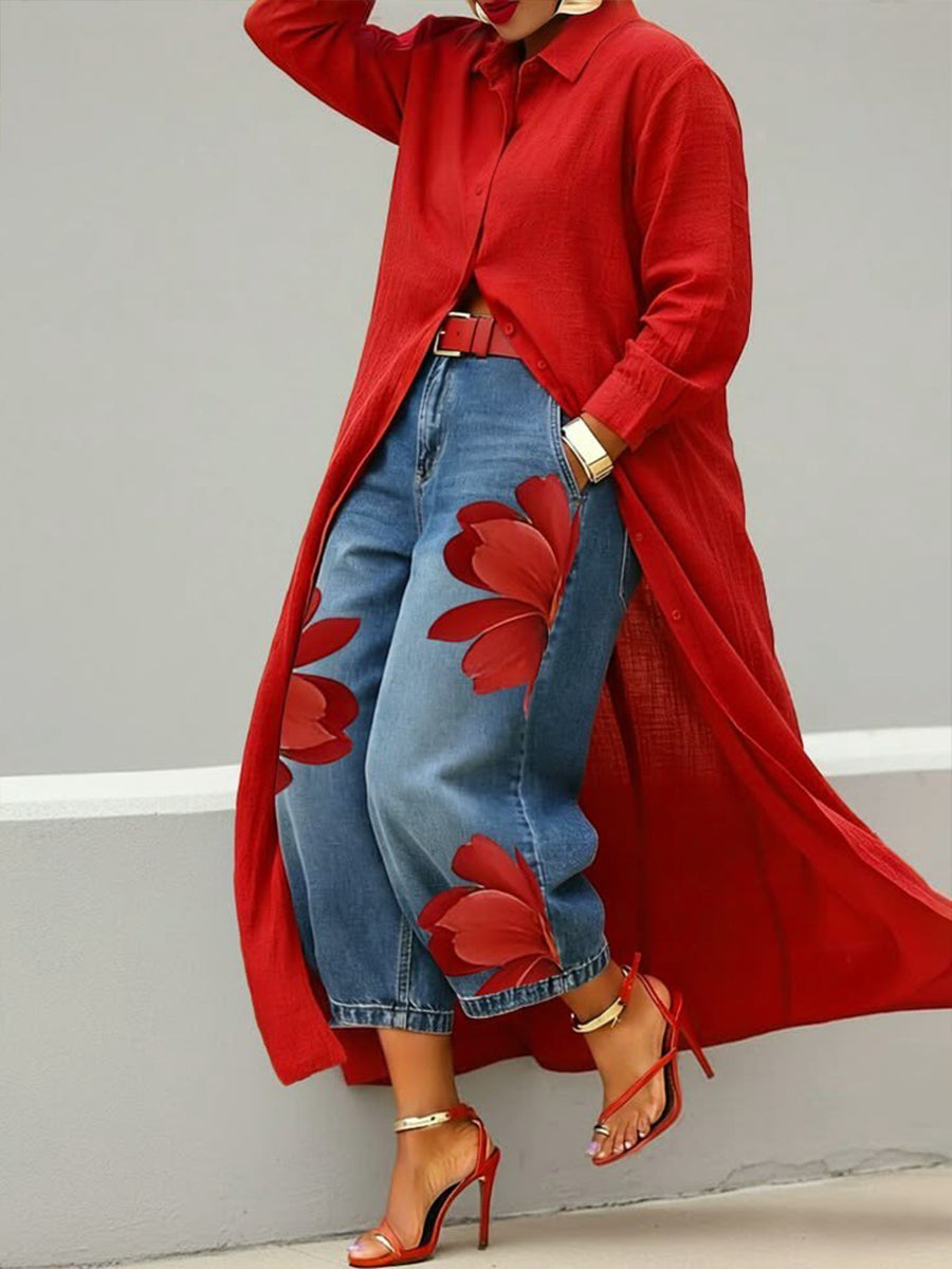 ✨⏰LAST DAY SAVE 49% ⏰Women's Vintage Wash Red Floral Embroidered Denim Pants