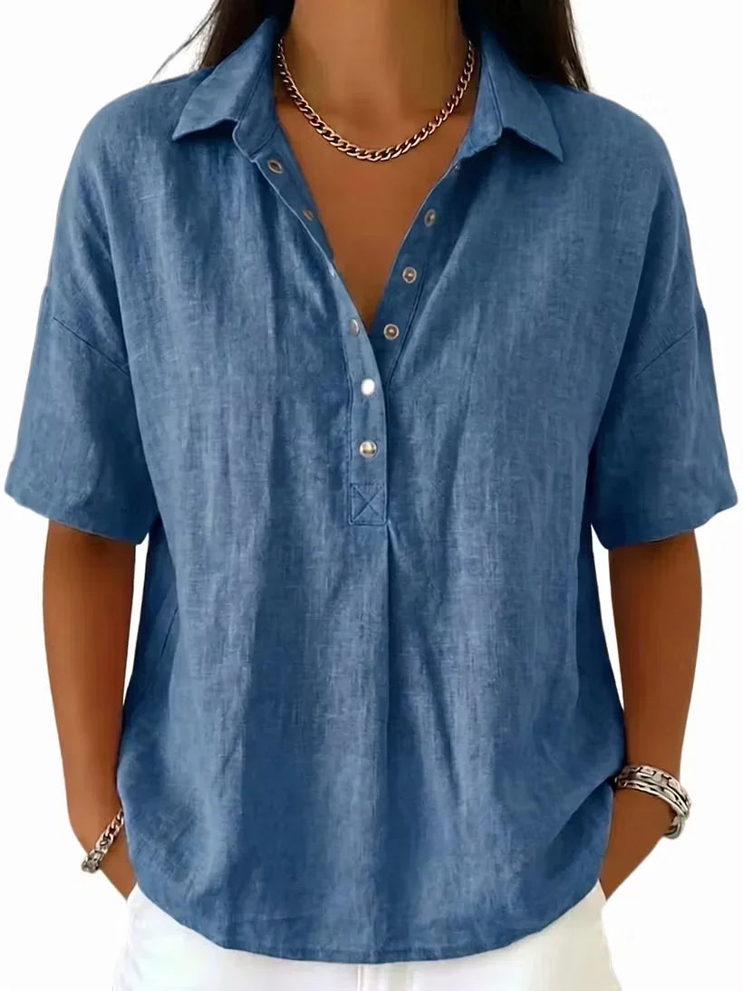 Women's Classic Linen Shirt Collar Short Sleeve Shirt T Shirts