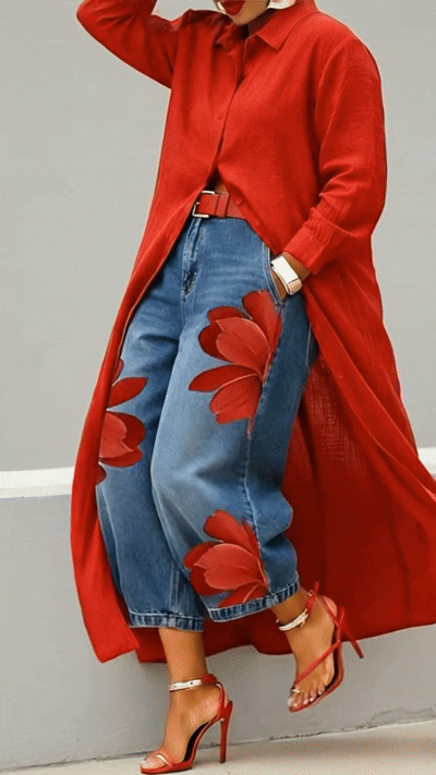 ✨⏰LAST DAY SAVE 49% ⏰Women's Vintage Wash Red Floral Embroidered Denim Pants