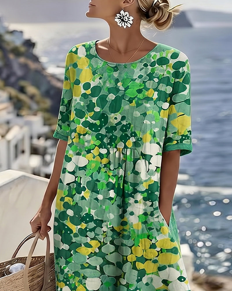 ✨⏰Robe Midi Femme Coton Lin Imprimé Floral Abstrait Poches Manches Courtes