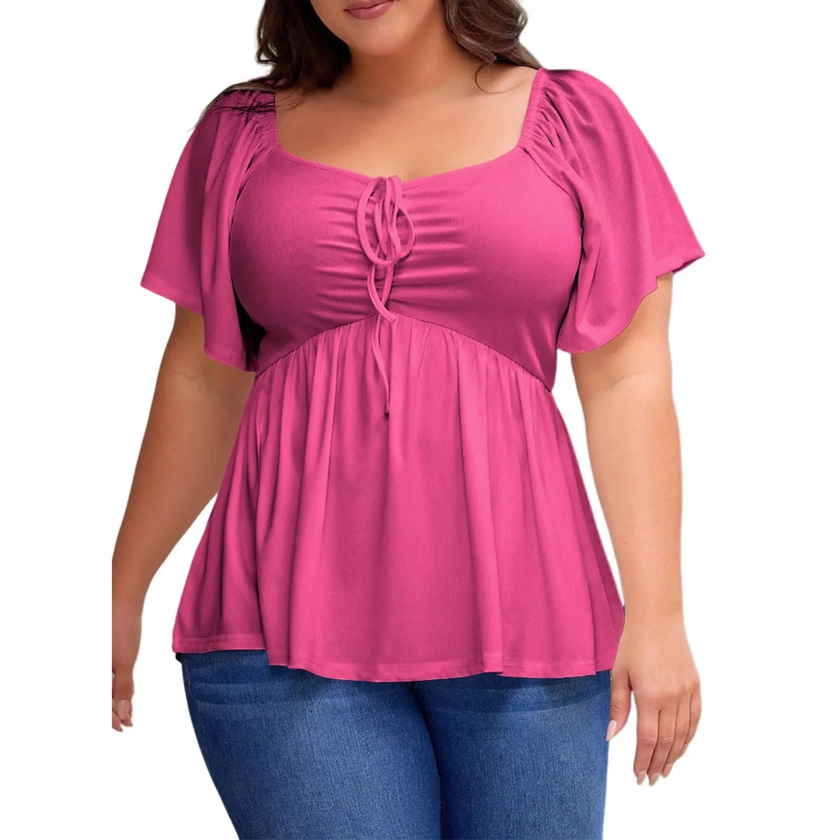 ✨⏰Women Plus Size Sweetheart Neck Short Sleeve Shirred Peplum Rib Blouse Tops Shirts(1X-5X)