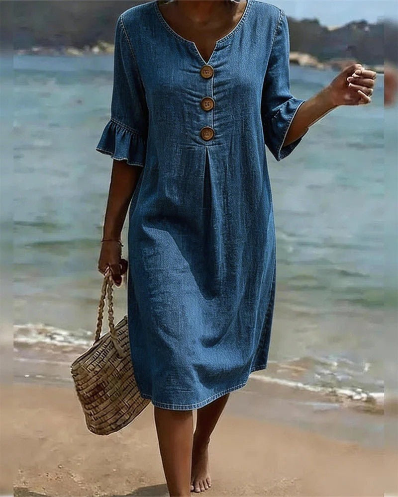 🎁New Arrivals🔥Women's Solid-Color V-Neck Loose-Fit Dress