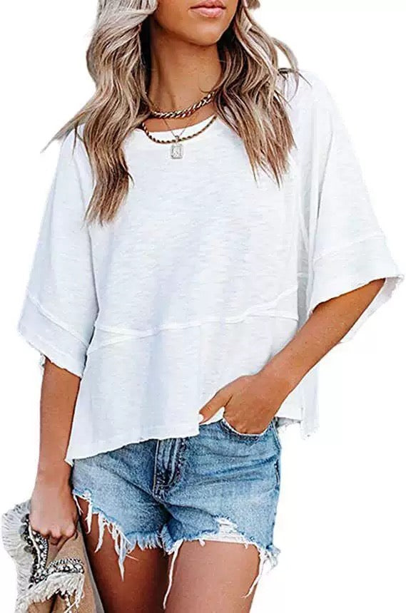 🎁New Arrivals 🔥Women's Solid-Color, Round-Neck, Loose-Fit T-Shirt