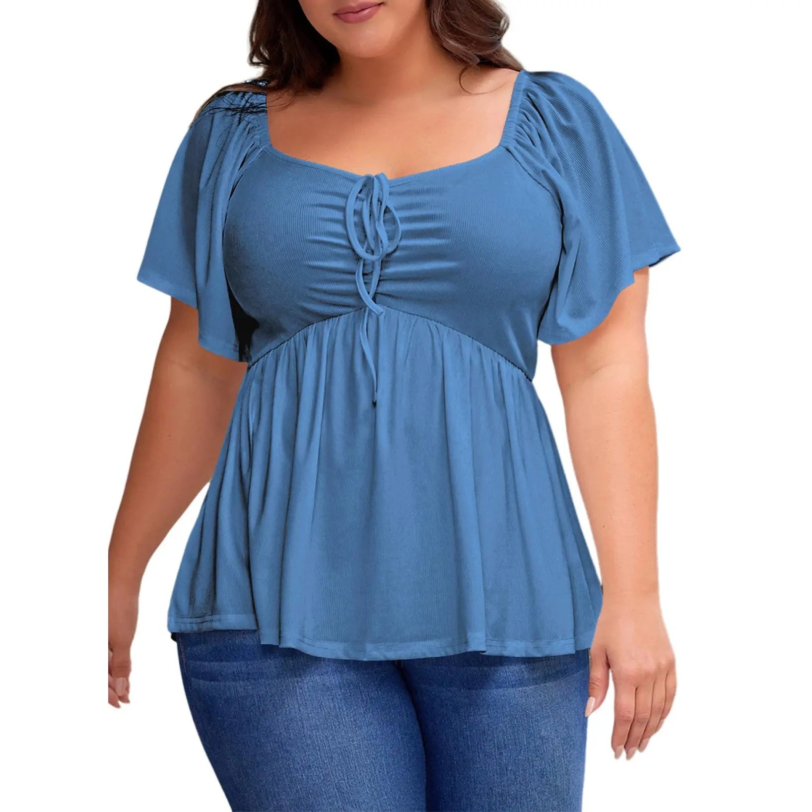 ✨⏰Women Plus Size Sweetheart Neck Short Sleeve Shirred Peplum Rib Blouse Tops Shirts(1X-5X)