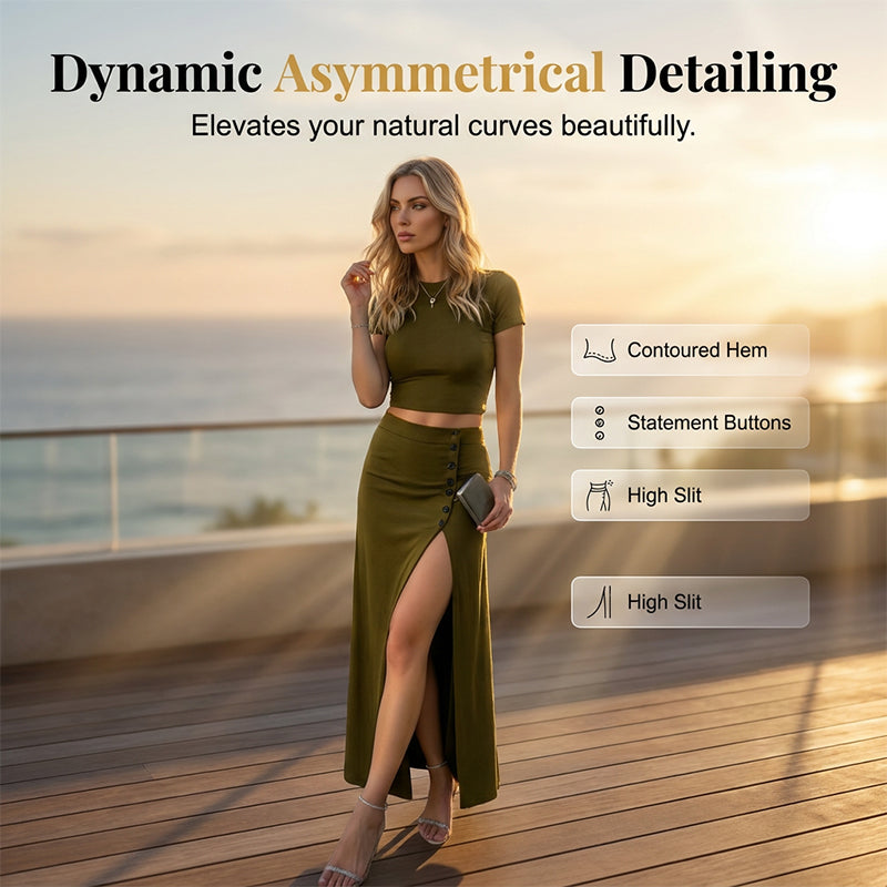 🎁New Arrivals🔥Women's Short Sleeve Top and Slit Midi Skirt Set