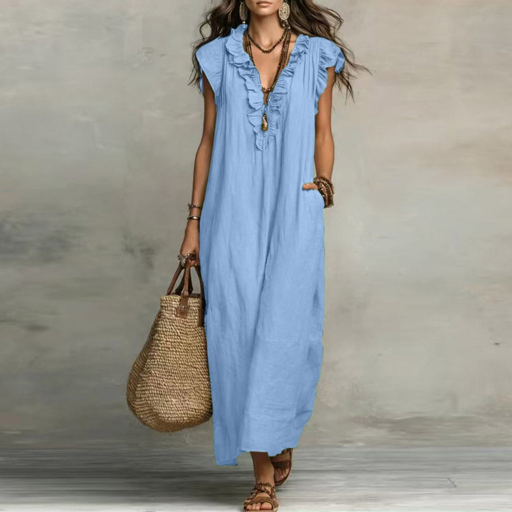 ✨⏰2026 Summer Solid Color Elegant Temperament Flying Sleeve Dress