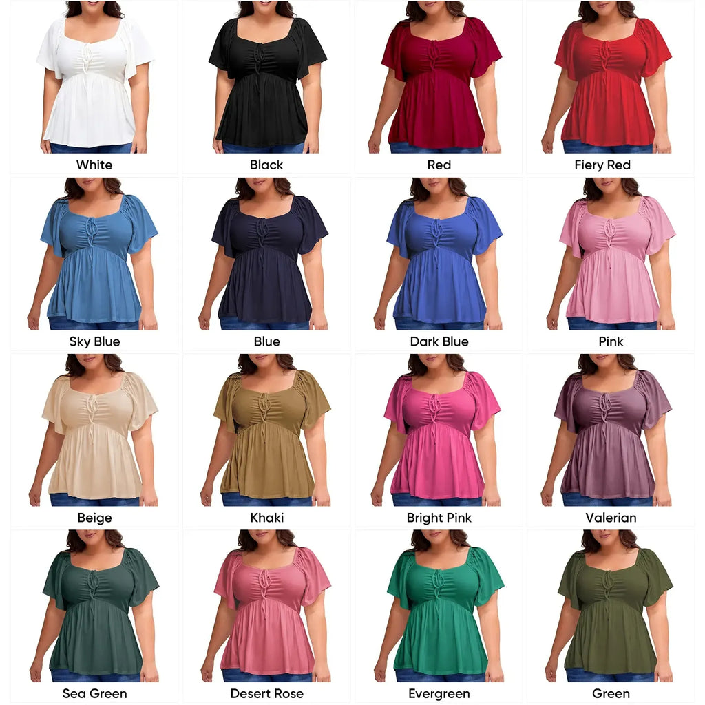 ✨⏰Women Plus Size Sweetheart Neck Short Sleeve Shirred Peplum Rib Blouse Tops Shirts(1X-5X)