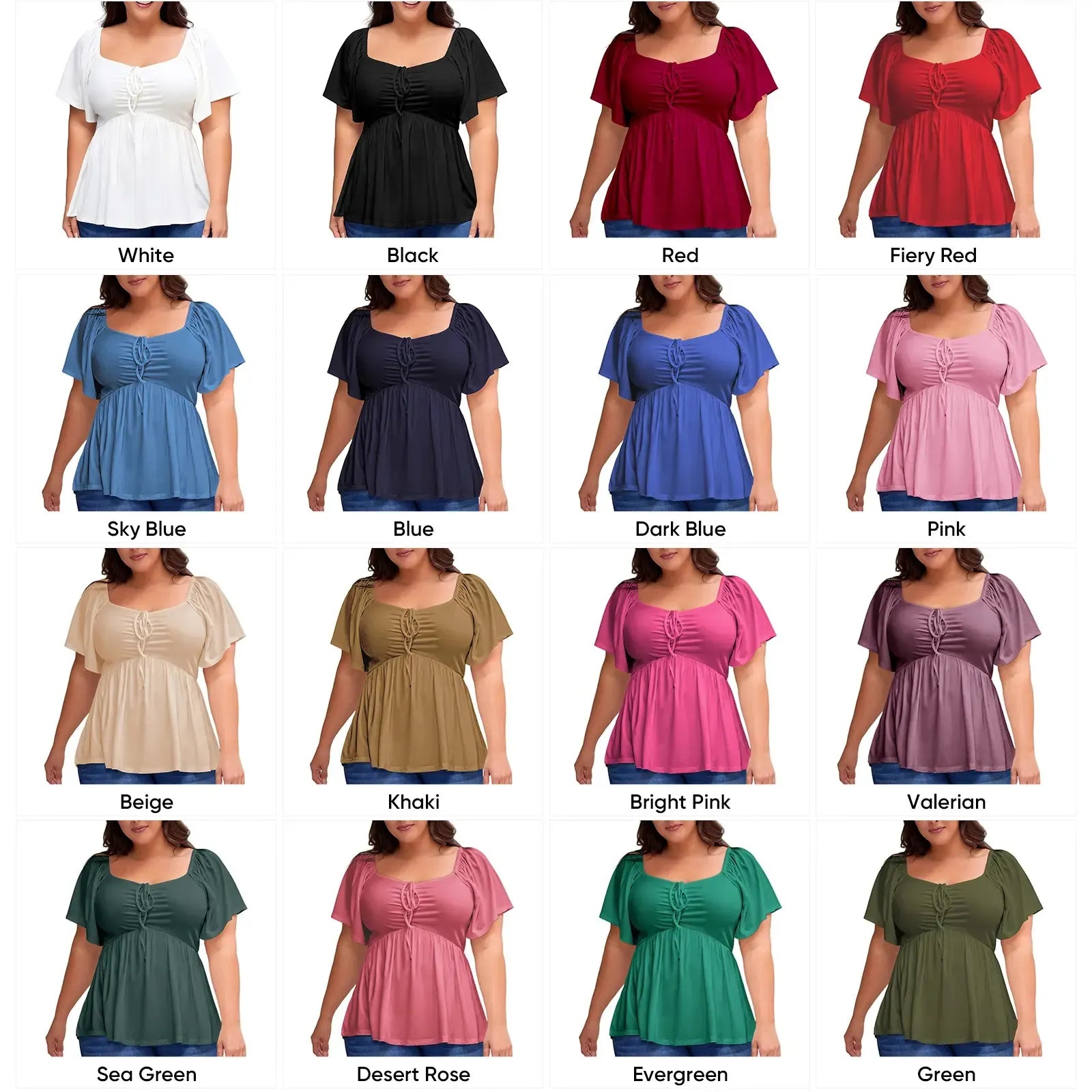 ✨⏰Women Plus Size Sweetheart Neck Short Sleeve Shirred Peplum Rib Blouse Tops Shirts(1X-5X)