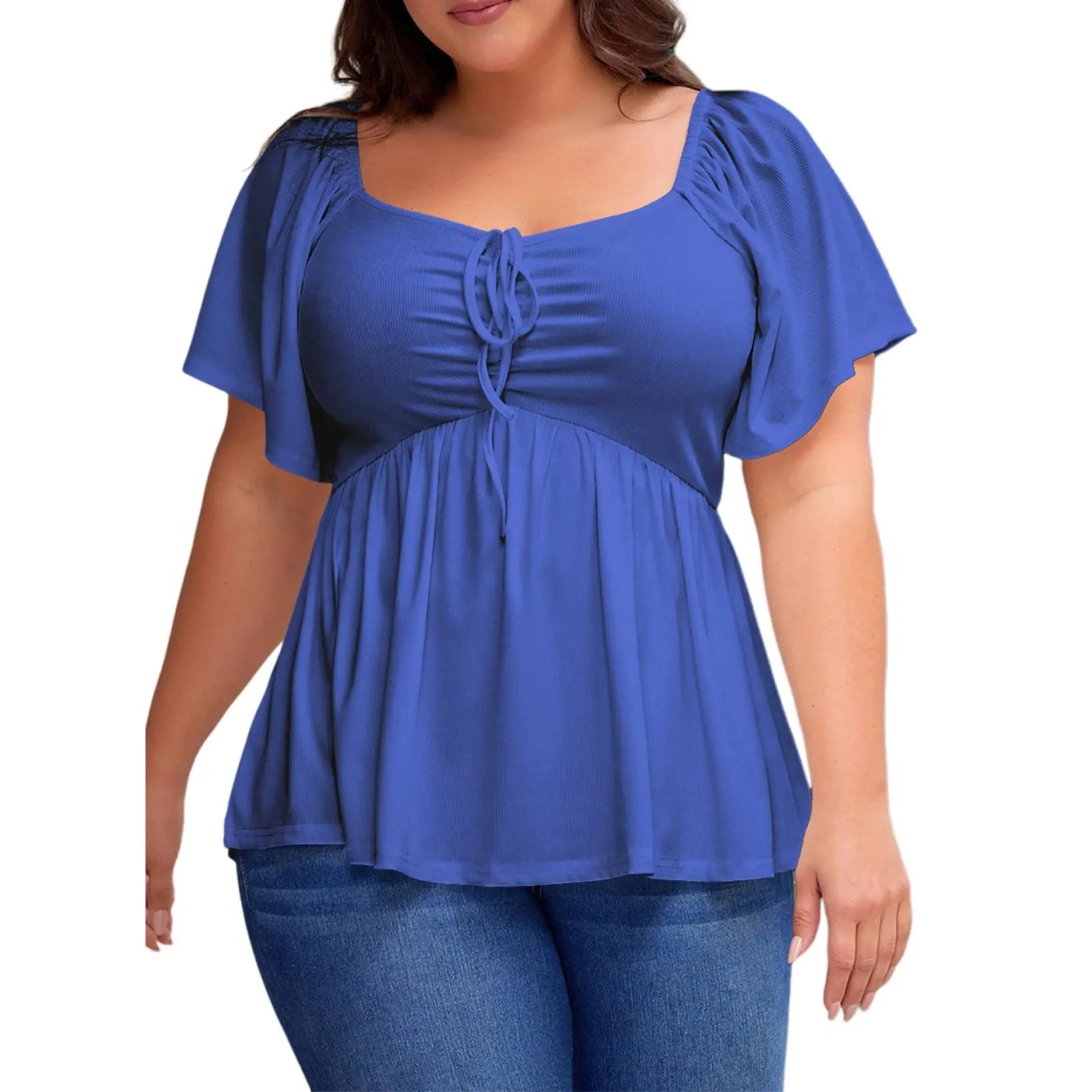 ✨⏰Women Plus Size Sweetheart Neck Short Sleeve Shirred Peplum Rib Blouse Tops Shirts(1X-5X)