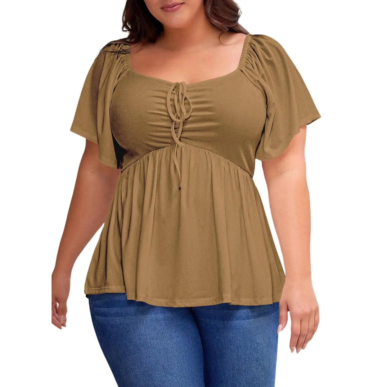 ✨⏰Women Plus Size Sweetheart Neck Short Sleeve Shirred Peplum Rib Blouse Tops Shirts(1X-5X)