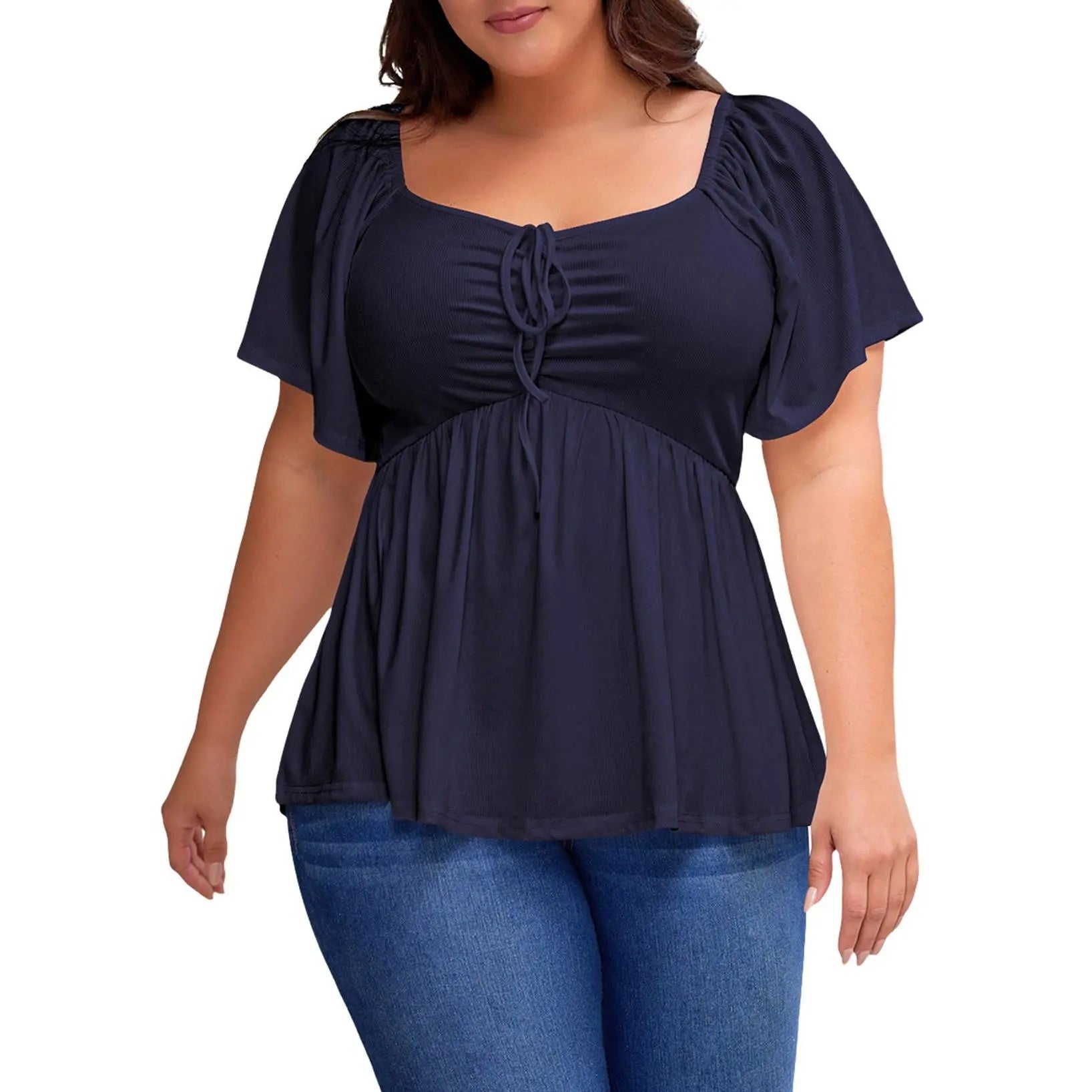✨⏰Women Plus Size Sweetheart Neck Short Sleeve Shirred Peplum Rib Blouse Tops Shirts(1X-5X)