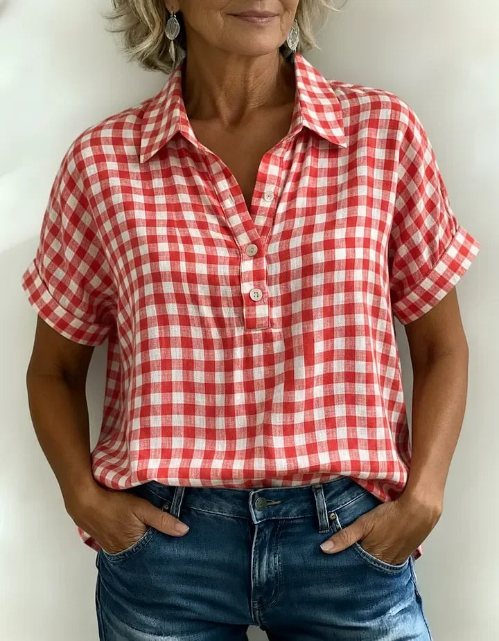 Classic Gingham Cotton-Linen V-Neck Button-Front Blouse