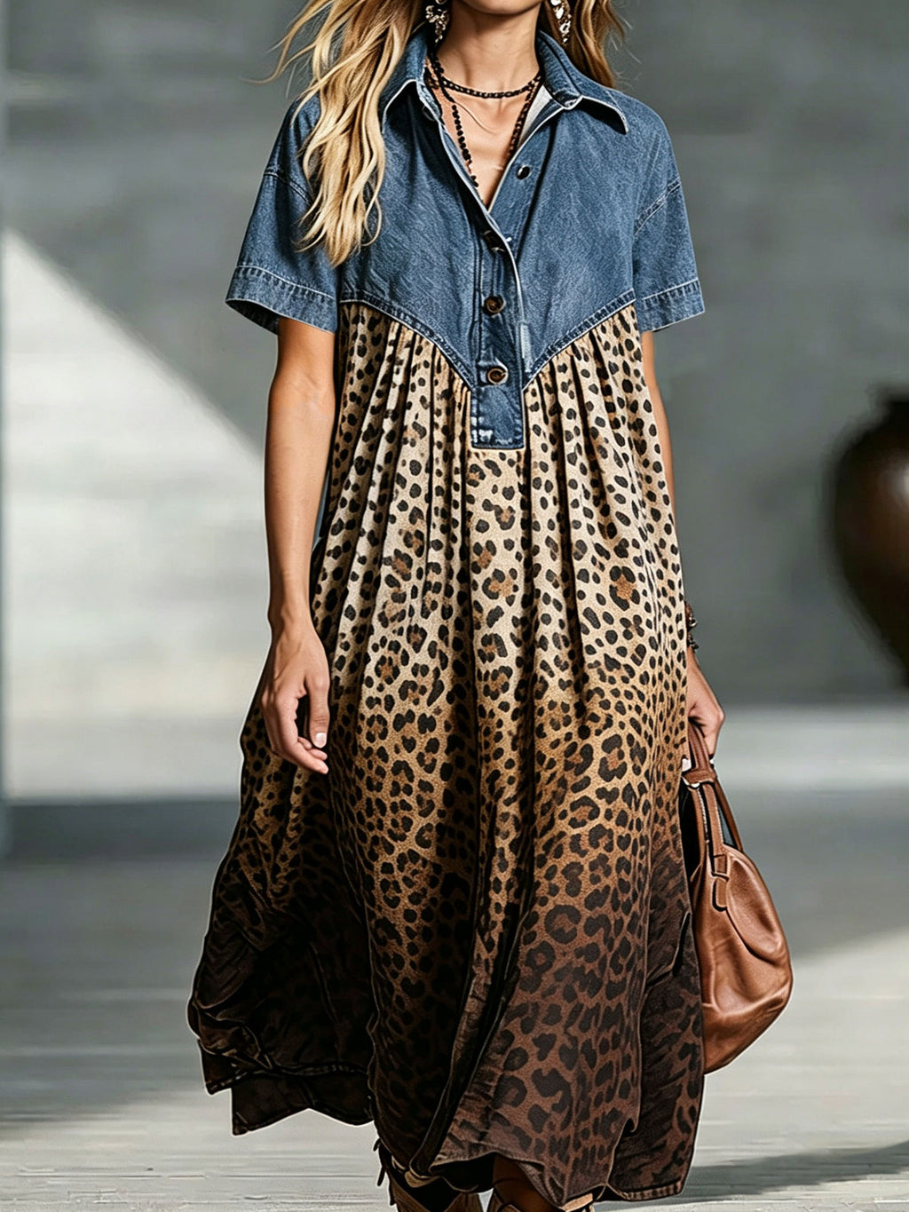 💛Women’s Denim Spliced Gradient Leopard Print Shirt Midi Dress