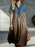 💛Women’s Denim Spliced Gradient Leopard Print Shirt Midi Dress