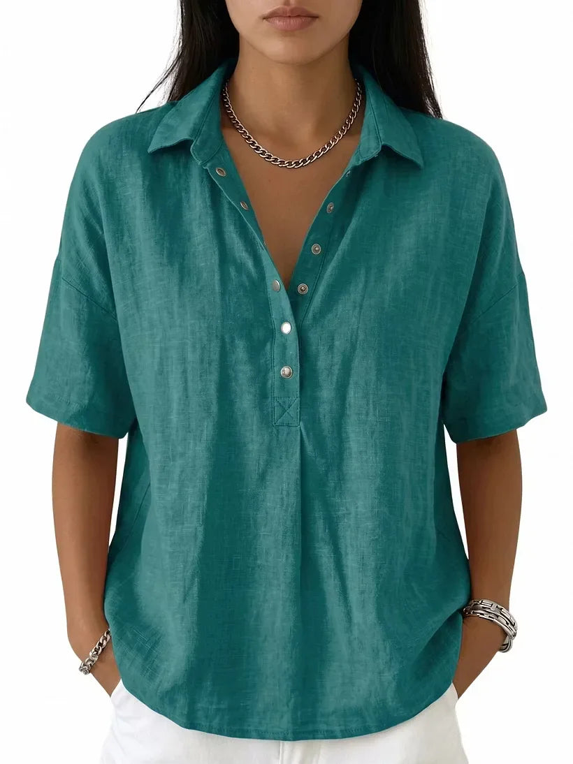 Women's Classic Linen Shirt Collar Short Sleeve Shirt T Shirts