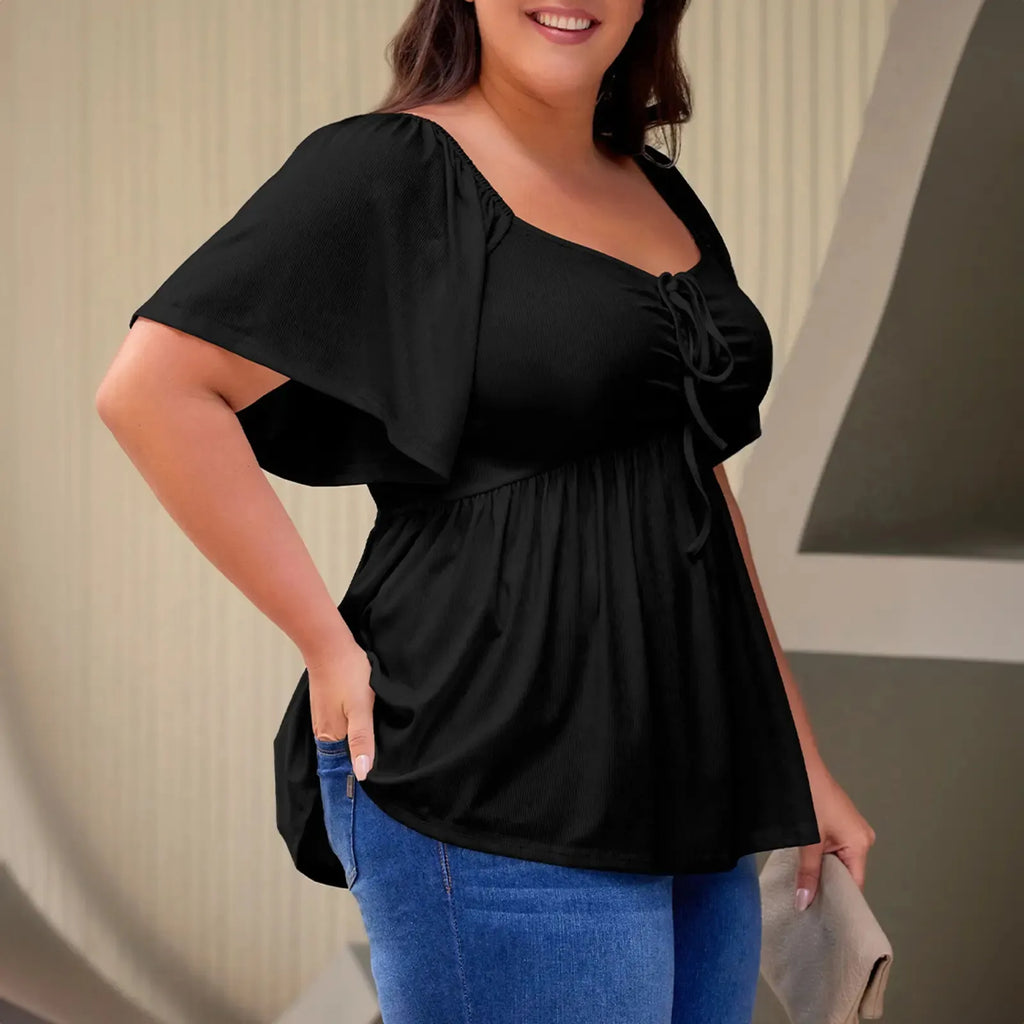 ✨⏰Women Plus Size Sweetheart Neck Short Sleeve Shirred Peplum Rib Blouse Tops Shirts(1X-5X)
