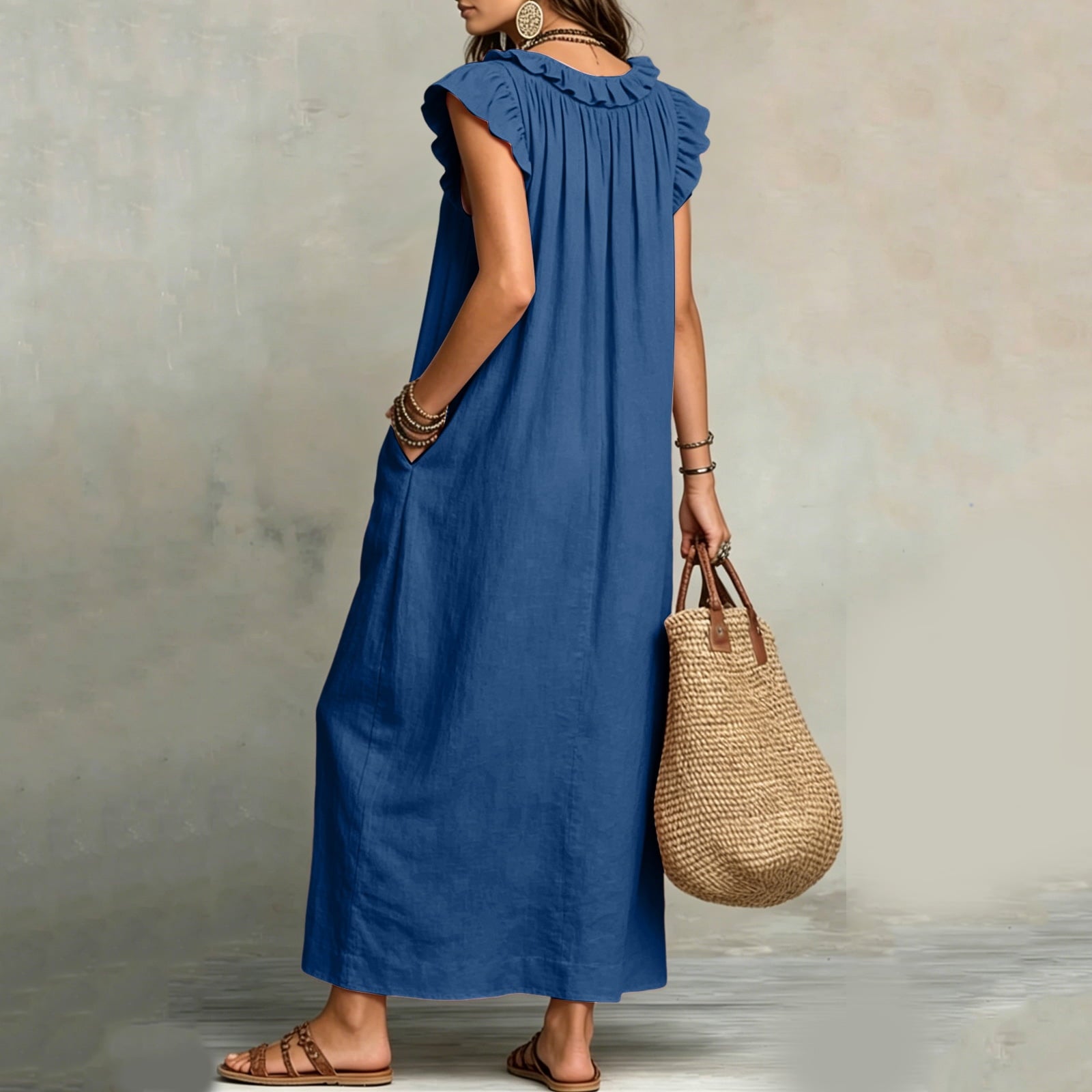 ✨⏰2026 Summer Solid Color Elegant Temperament Flying Sleeve Dress