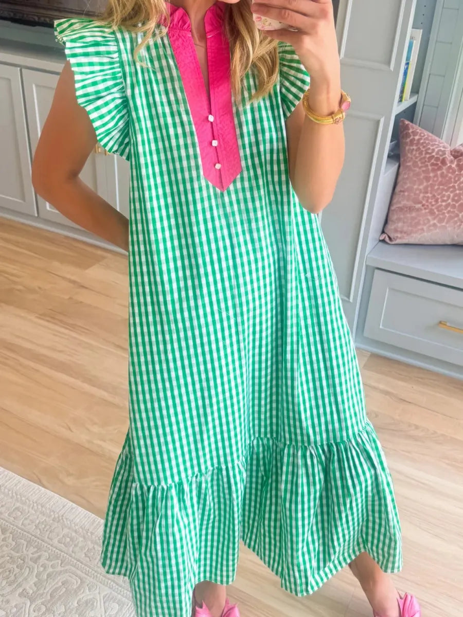 ✨⏰Fresh Chic Gingham Midi Dress with Ruffle Sleeves