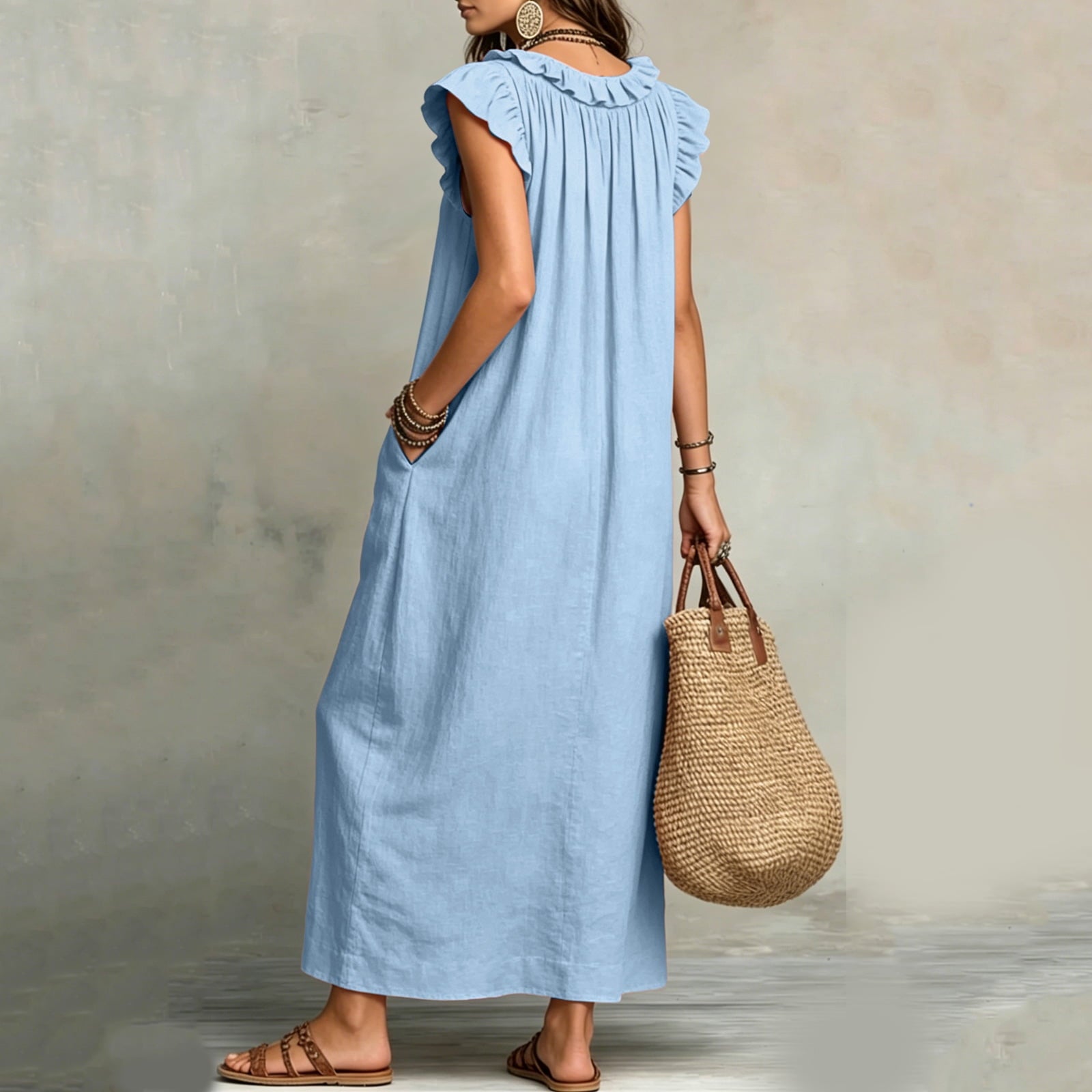 ✨⏰2026 Summer Solid Color Elegant Temperament Flying Sleeve Dress