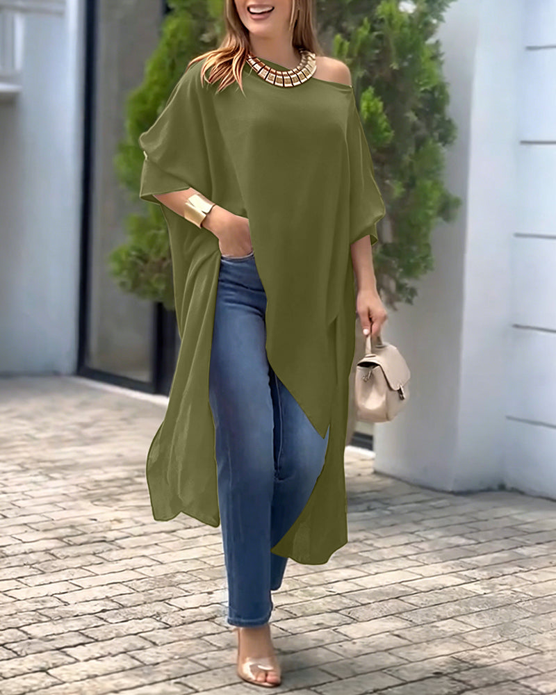 Women's Skew Neck Batwing Sleeve Tee Asymmetric Loose Cape Blouse Slit Elegant Top