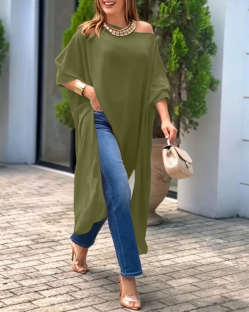 Women's Skew Neck Batwing Sleeve Tee Asymmetric Loose Cape Blouse Slit Elegant Top