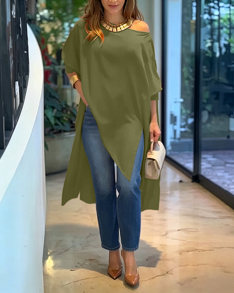 Women's Skew Neck Batwing Sleeve Tee Asymmetric Loose Cape Blouse Slit Elegant Top