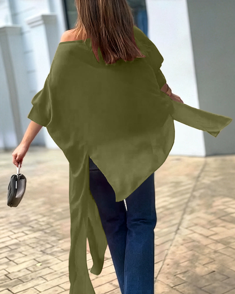 Women's Skew Neck Batwing Sleeve Tee Asymmetric Loose Cape Blouse Slit Elegant Top