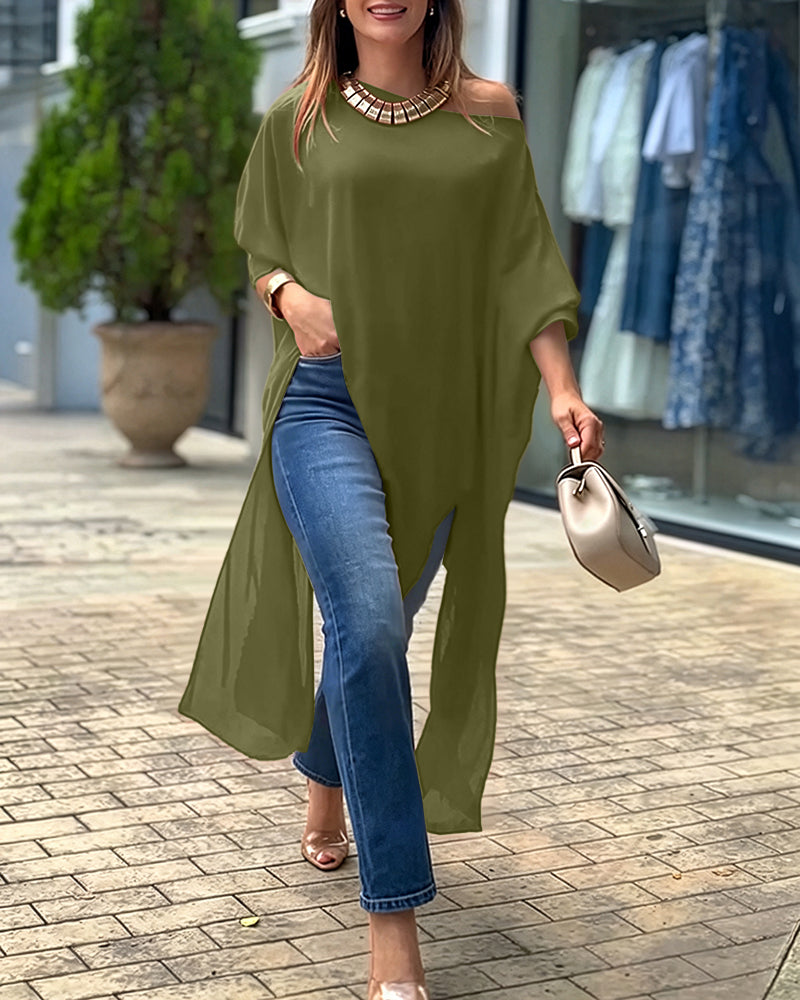 Women's Skew Neck Batwing Sleeve Tee Asymmetric Loose Cape Blouse Slit Elegant Top