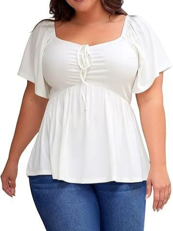 ✨⏰Women Plus Size Sweetheart Neck Short Sleeve Shirred Peplum Rib Blouse Tops Shirts(1X-5X)