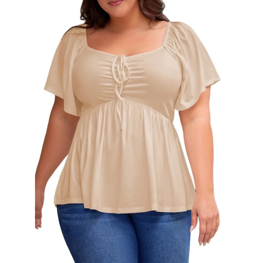 ✨⏰Women Plus Size Sweetheart Neck Short Sleeve Shirred Peplum Rib Blouse Tops Shirts(1X-5X)