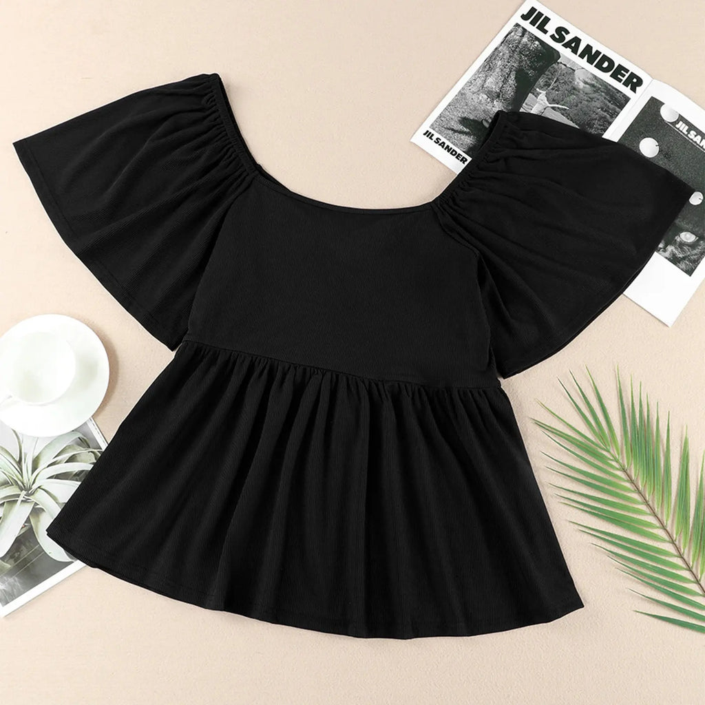 ✨⏰Women Plus Size Sweetheart Neck Short Sleeve Shirred Peplum Rib Blouse Tops Shirts(1X-5X)