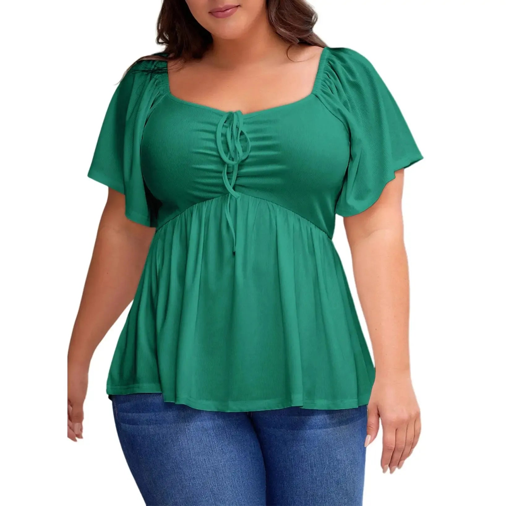 ✨⏰Women Plus Size Sweetheart Neck Short Sleeve Shirred Peplum Rib Blouse Tops Shirts(1X-5X)