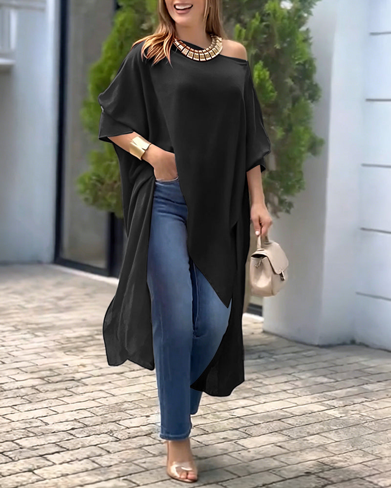 Women's Skew Neck Batwing Sleeve Tee Asymmetric Loose Cape Blouse Slit Elegant Top