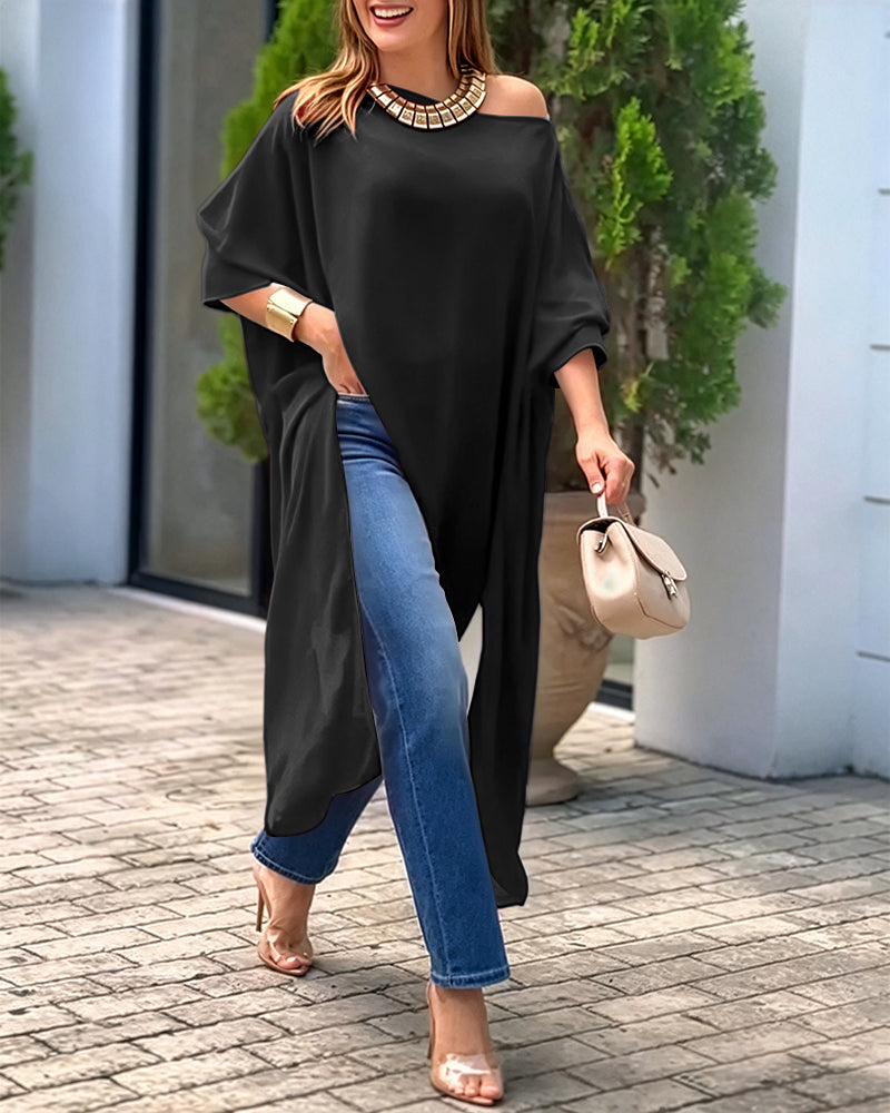 Women's Skew Neck Batwing Sleeve Tee Asymmetric Loose Cape Blouse Slit Elegant Top