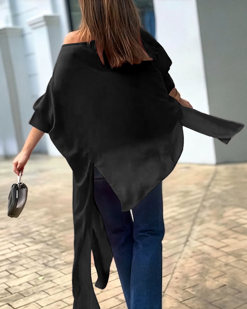 Women's Skew Neck Batwing Sleeve Tee Asymmetric Loose Cape Blouse Slit Elegant Top