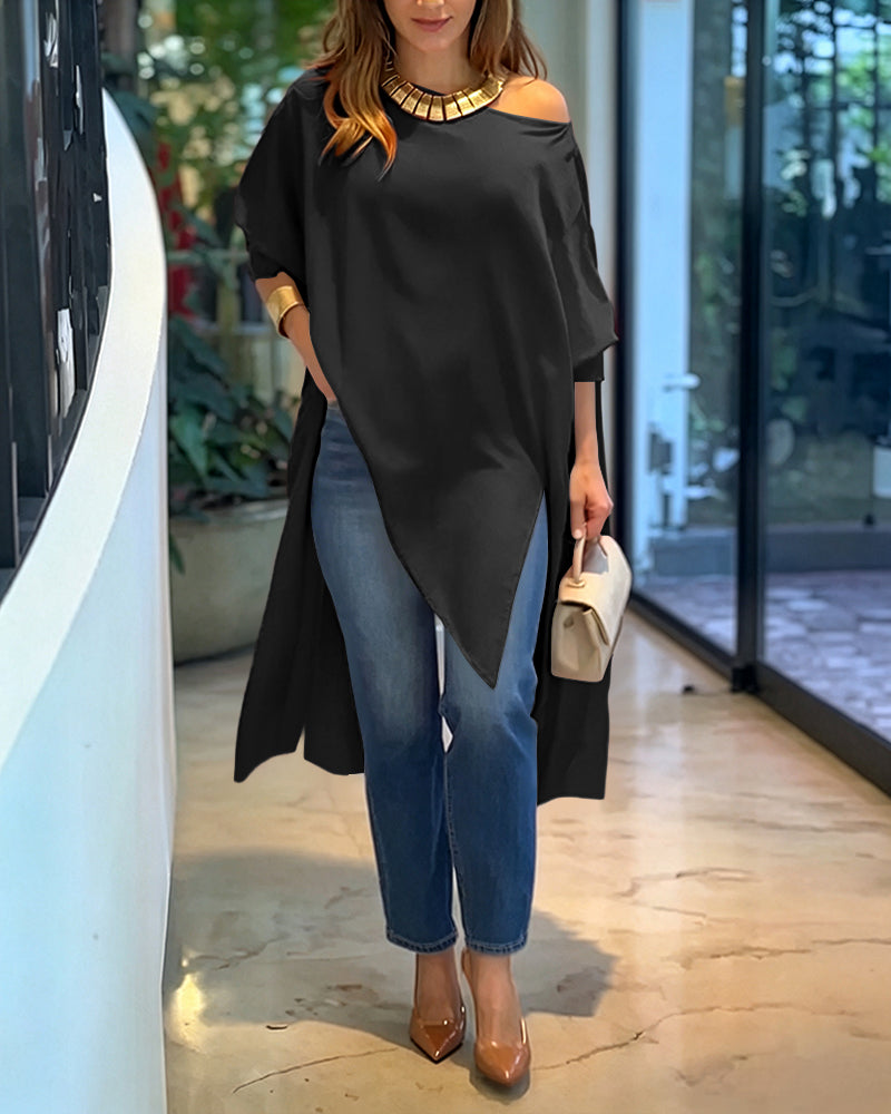 Women's Skew Neck Batwing Sleeve Tee Asymmetric Loose Cape Blouse Slit Elegant Top