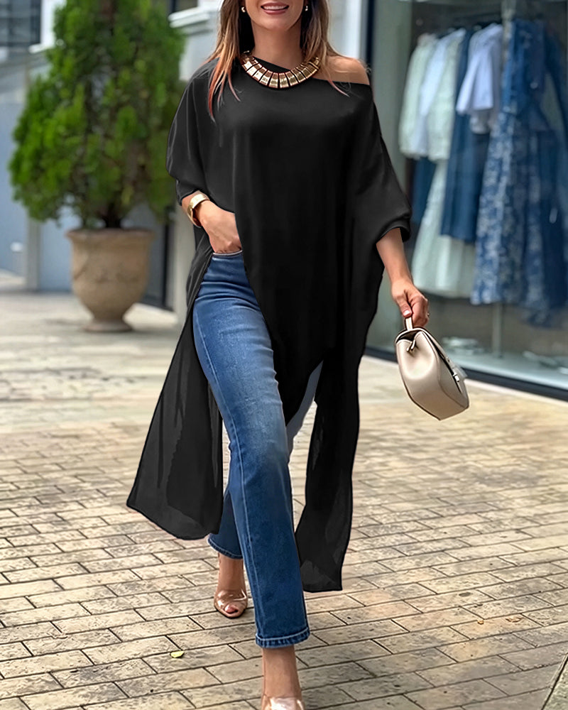 Women's Skew Neck Batwing Sleeve Tee Asymmetric Loose Cape Blouse Slit Elegant Top