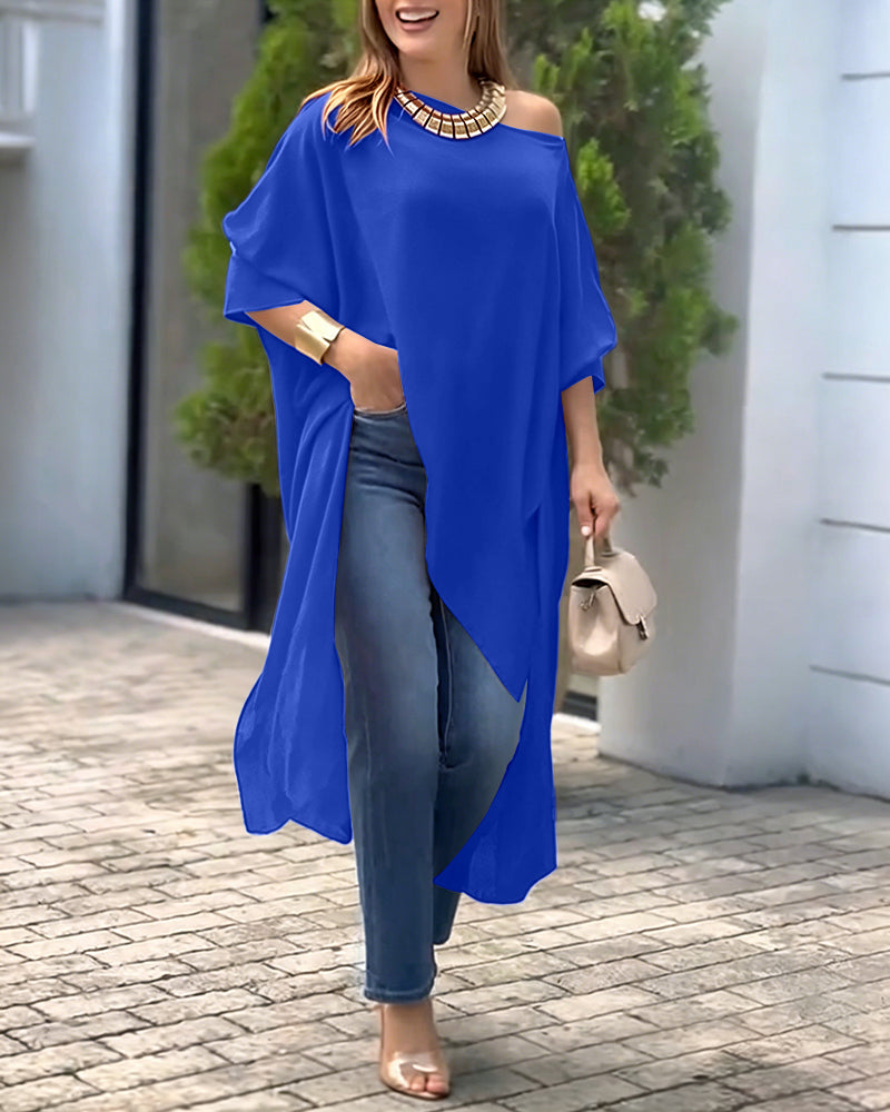 Women's Skew Neck Batwing Sleeve Tee Asymmetric Loose Cape Blouse Slit Elegant Top