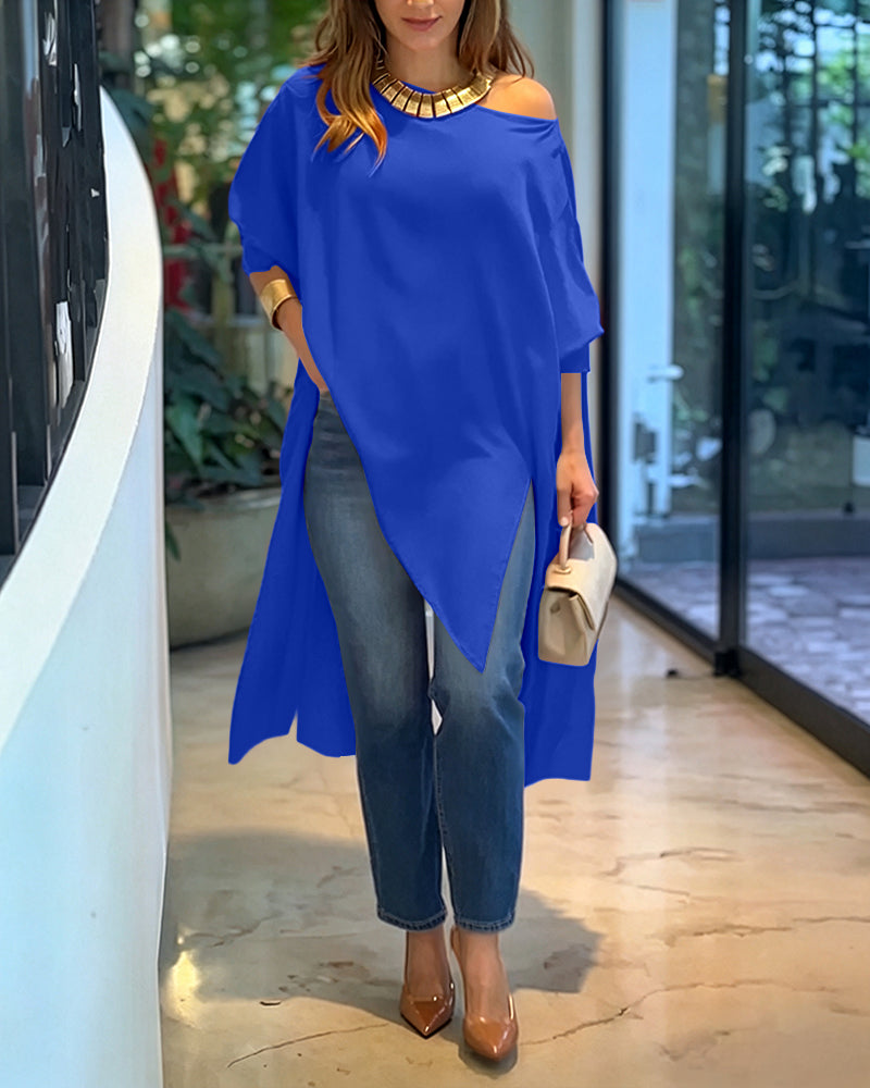 Women's Skew Neck Batwing Sleeve Tee Asymmetric Loose Cape Blouse Slit Elegant Top