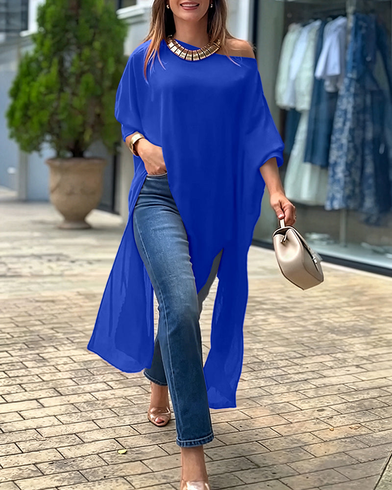 Women's Skew Neck Batwing Sleeve Tee Asymmetric Loose Cape Blouse Slit Elegant Top