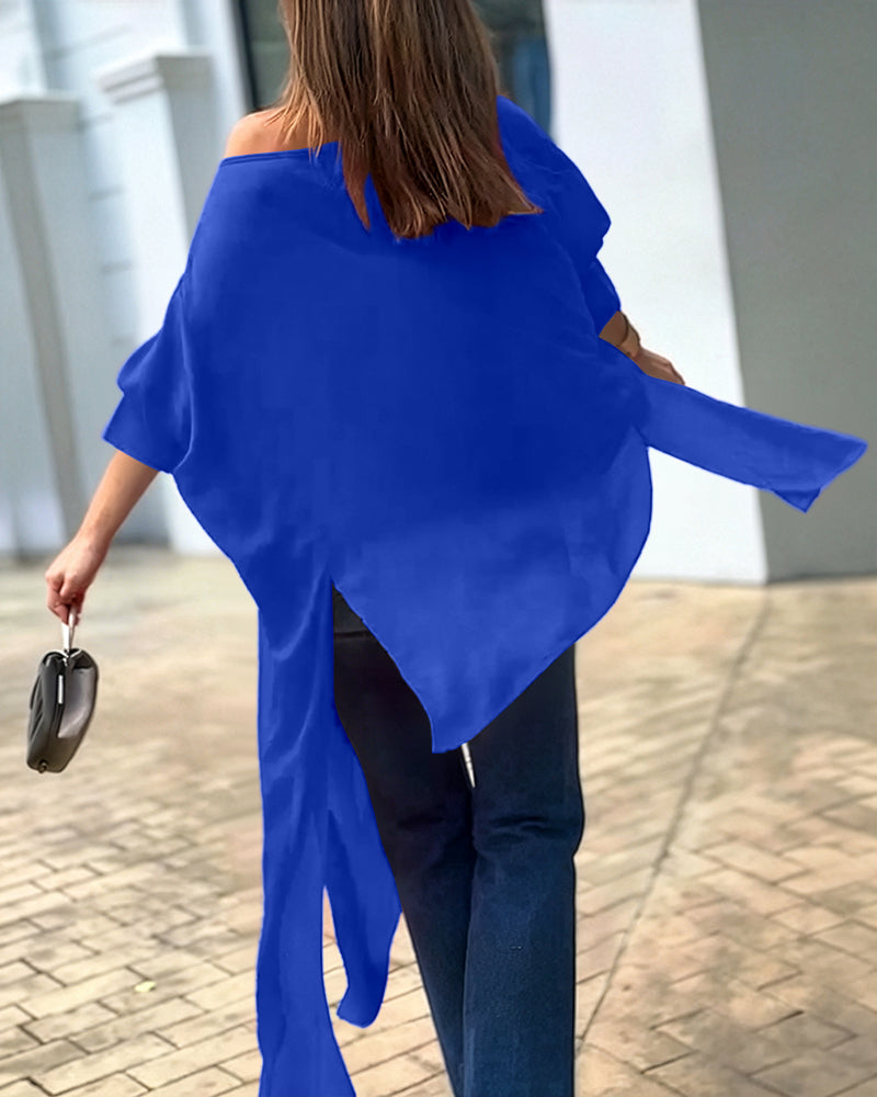 Women's Skew Neck Batwing Sleeve Tee Asymmetric Loose Cape Blouse Slit Elegant Top