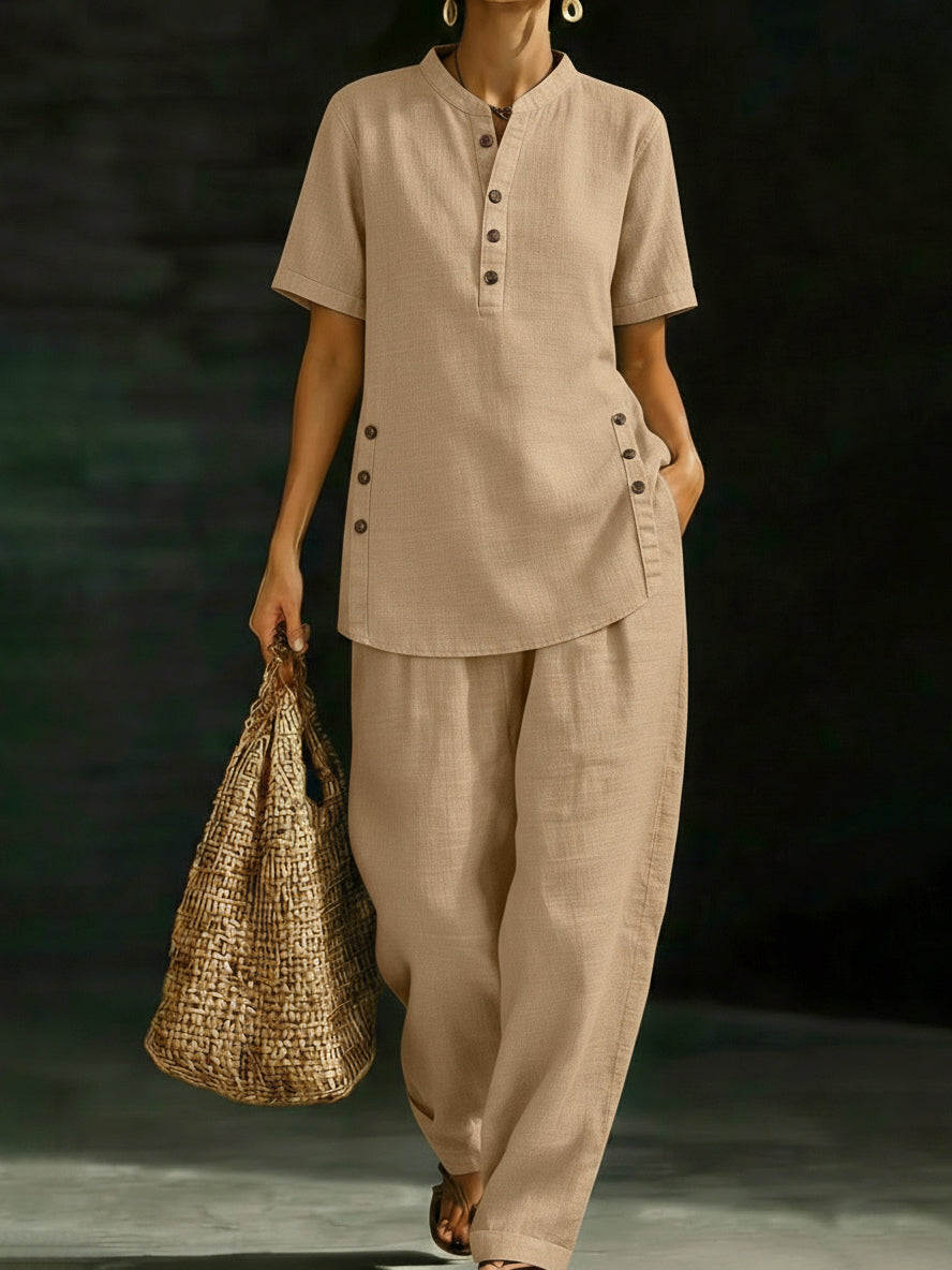 ✨✨LAST DAY SAVE 49% ⏰Cozy Casual Button Shirt And Wide-leg Pants Linen Two-piece Set